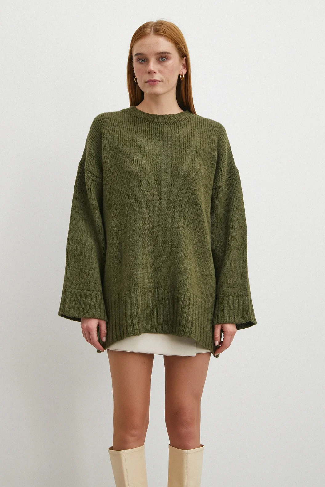 Bisiklet Yaka Fitilli Triko Kazak Haki