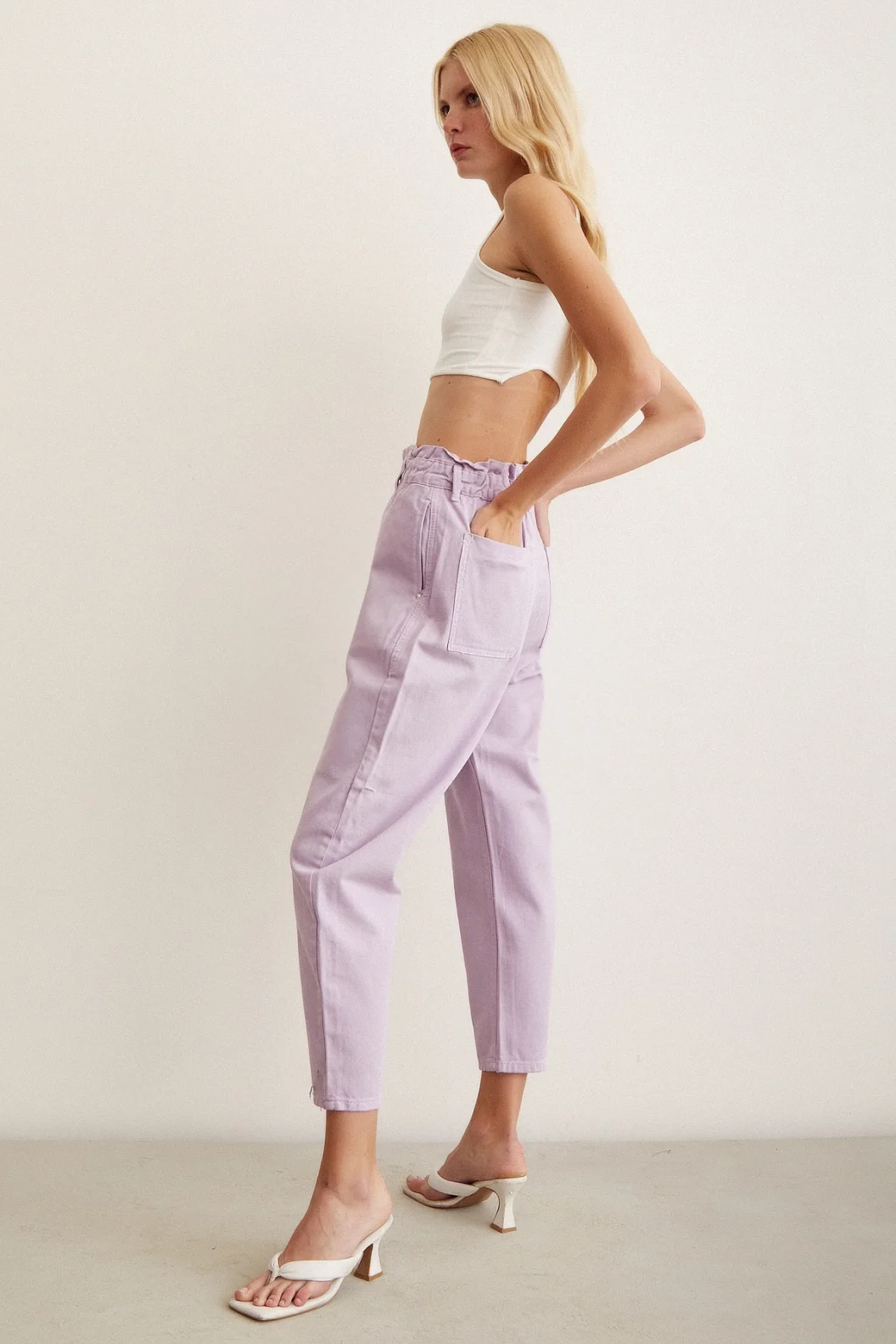 Gürtelli Düğme Kapalı Boyfriend Pantolon Mor