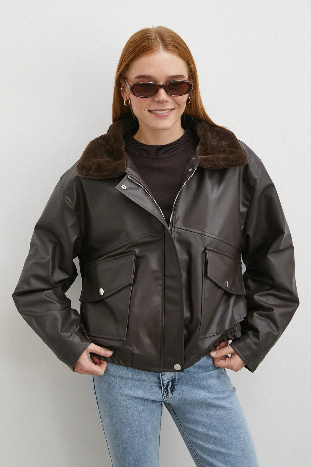 Peluş Astar Detaylı Deri Mont Kahve