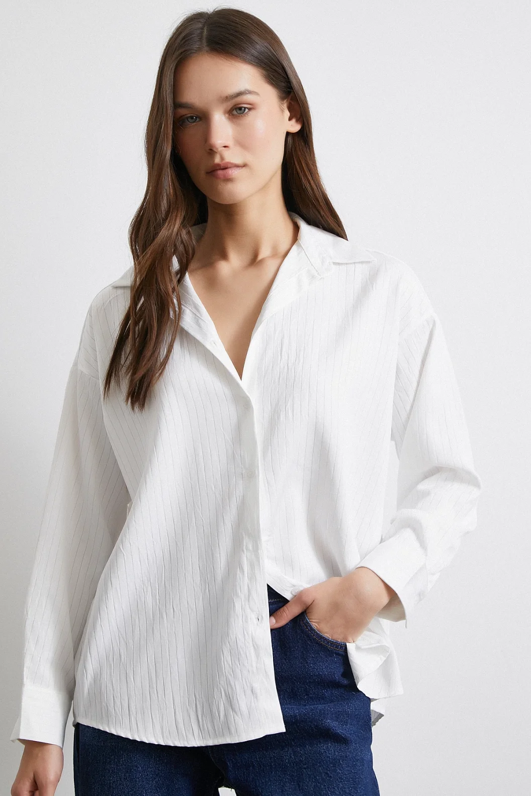 Diagonal Desen Gömlek Beyaz