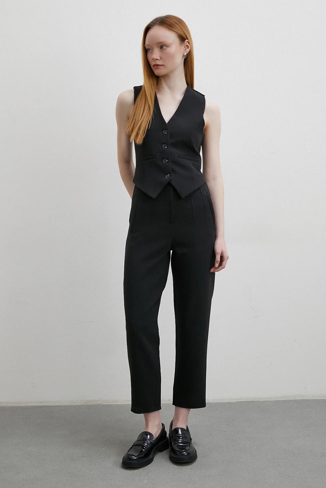 Front Brushed Skinny Fabric Pants Black