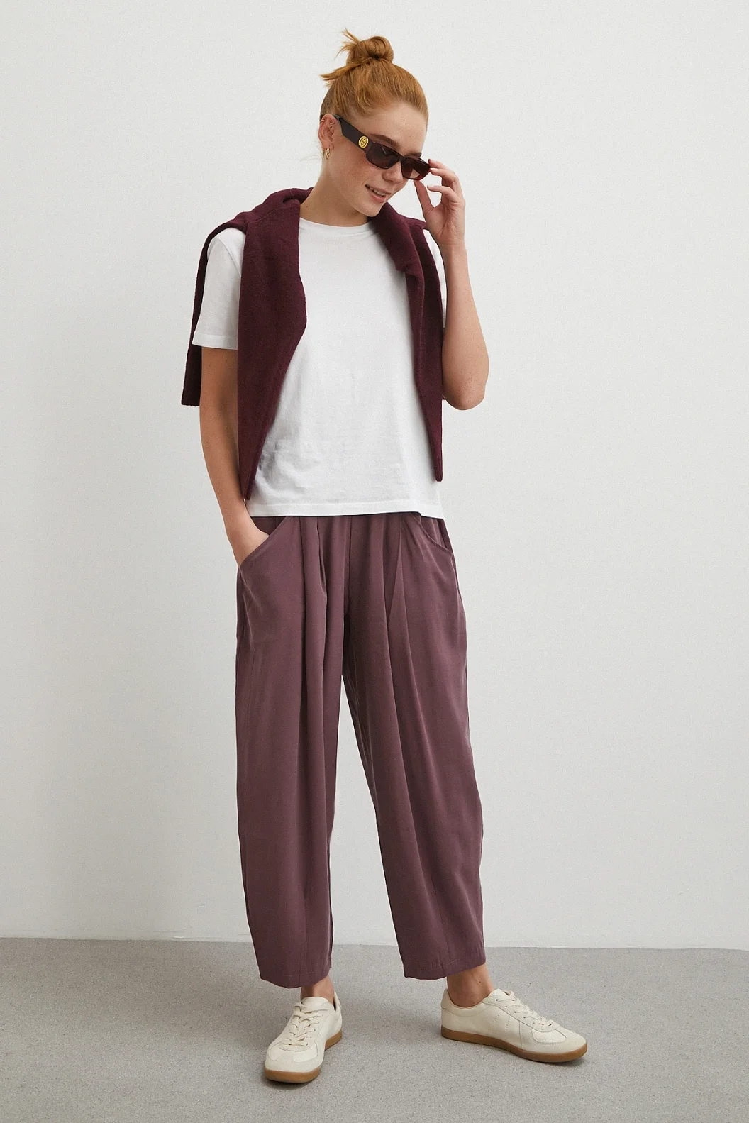 Bağcıklı Beli Lastikli Pileli Pantolon Mürdüm