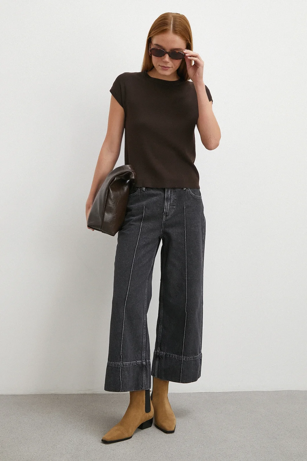 Yüksek Bel Paça Detaylı Jean Füme