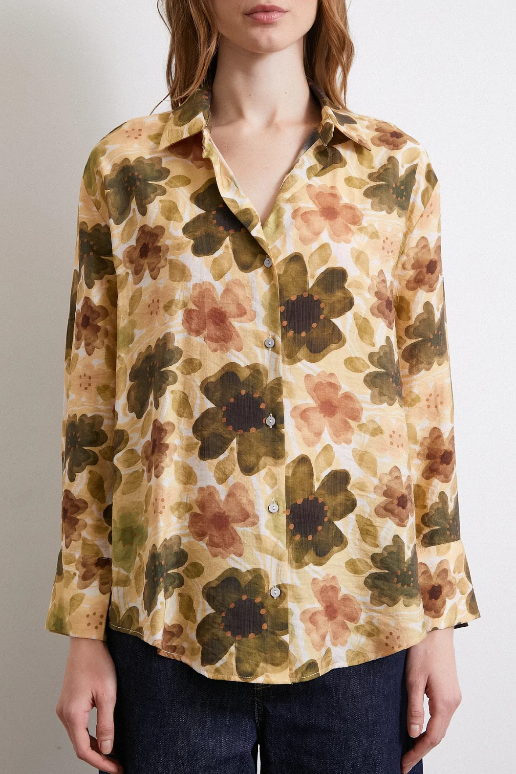 Floral Voile Shirt Khaki