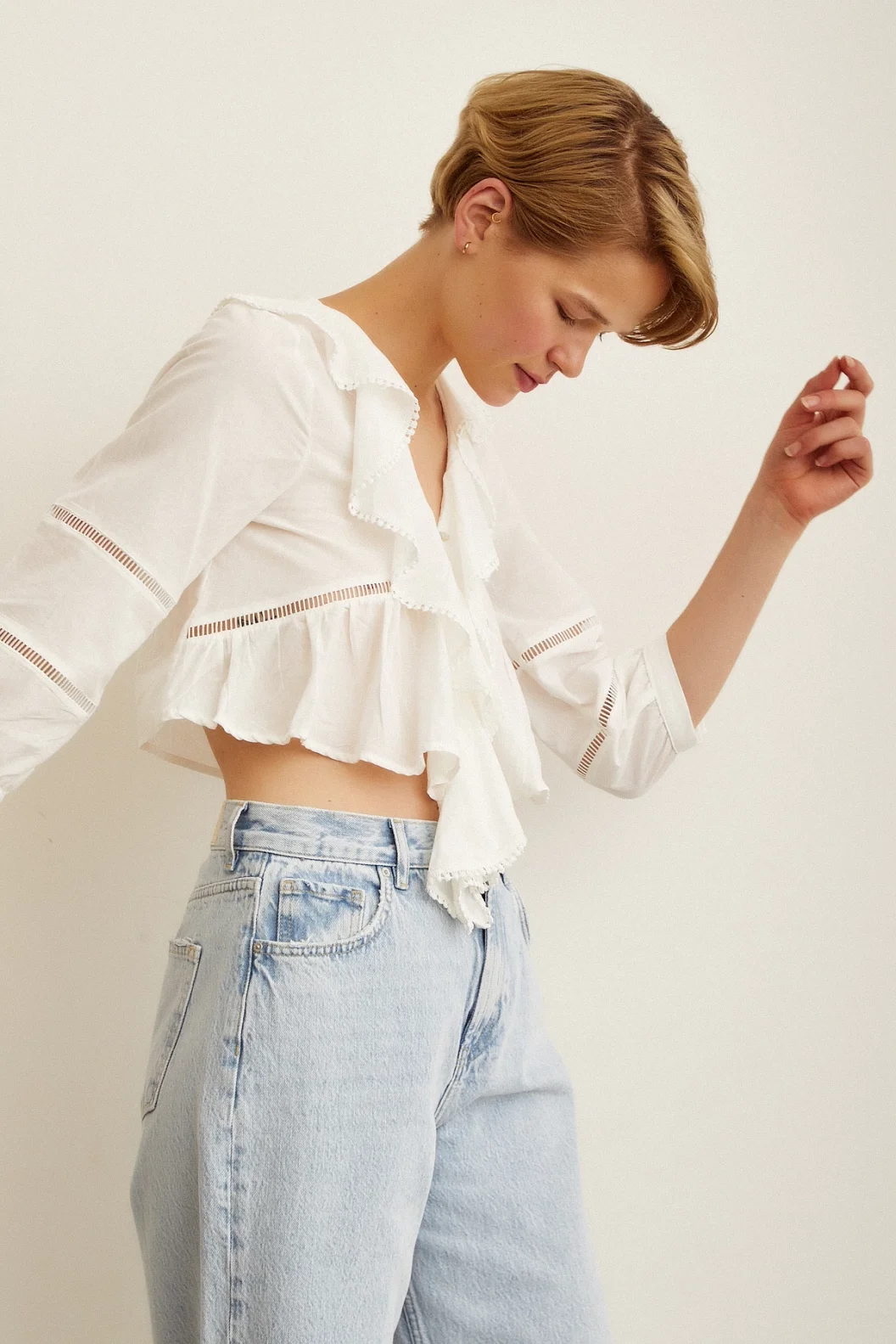 Lace Detail Ruffled Blouse White
