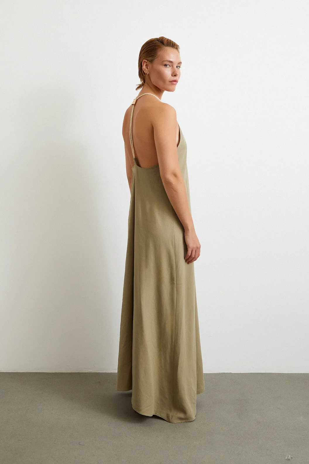 İp Askılı Keten Elbise Haki