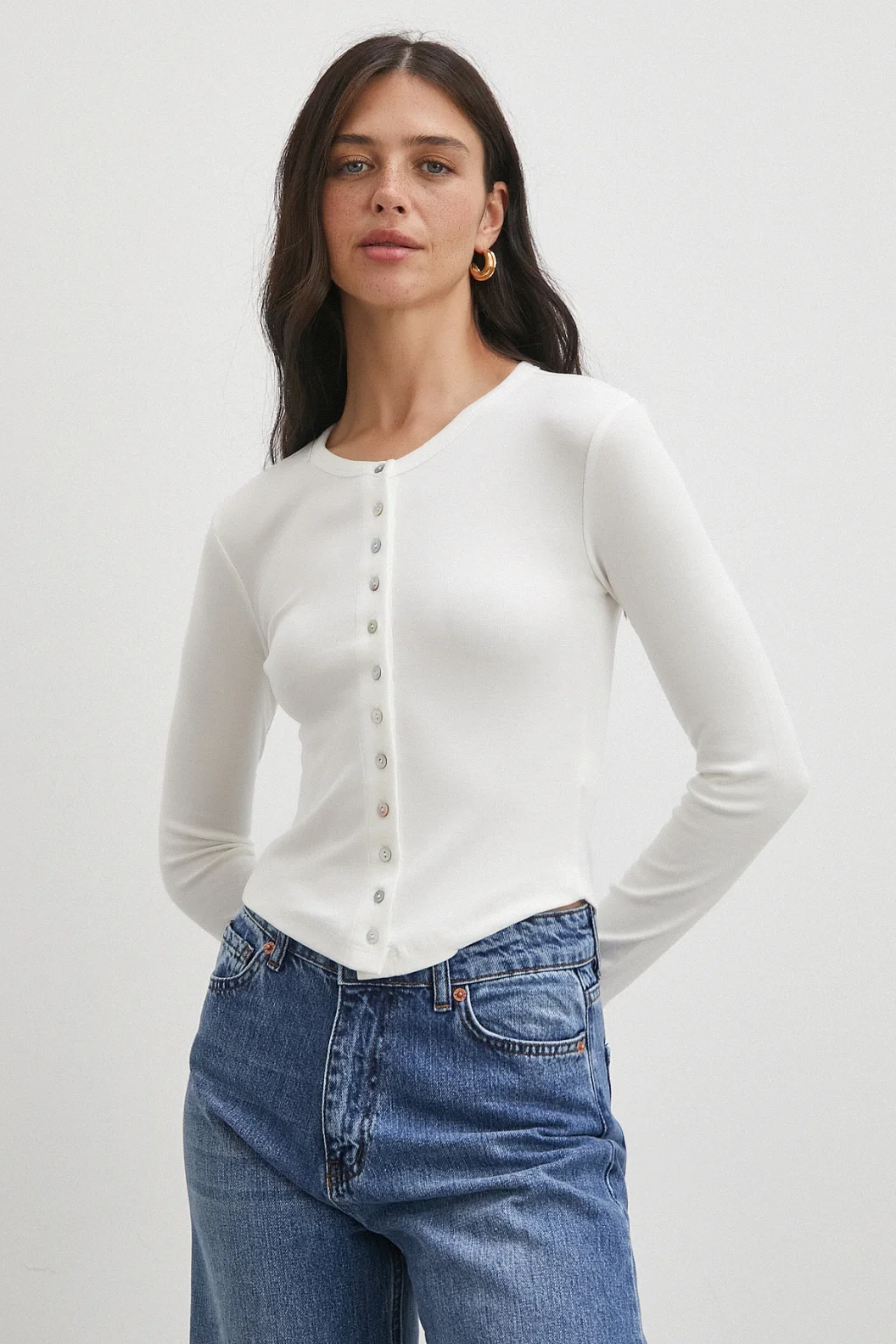 Düğmeli Uzun Kol Bluz Beyaz