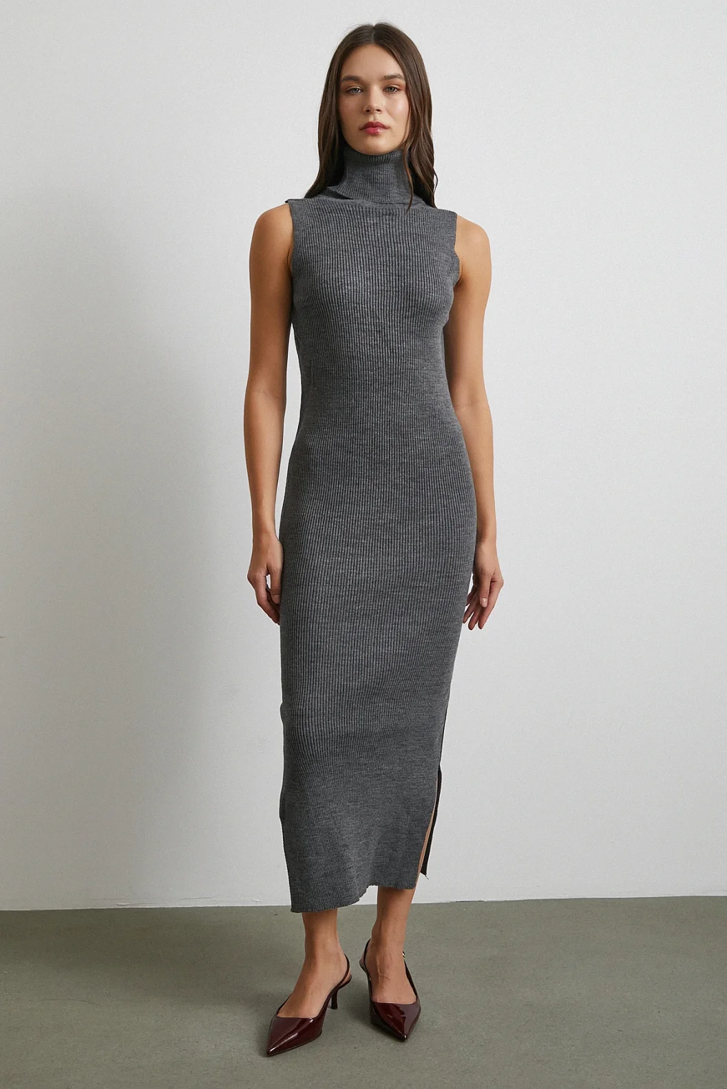 Uzun Elbiseli Hırka Triko Takım Gri