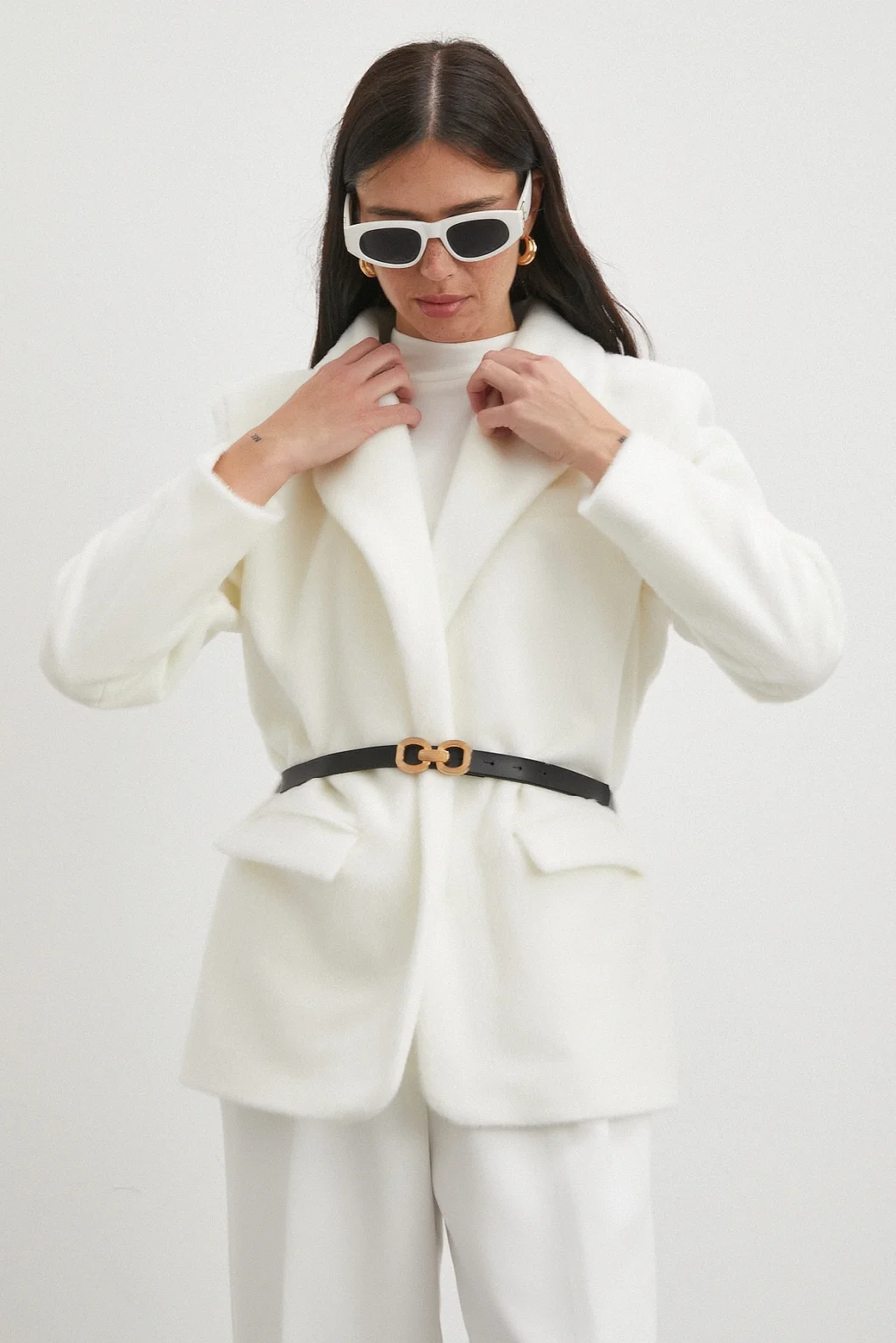 Kemerli Tay Flock Ceket Beyaz