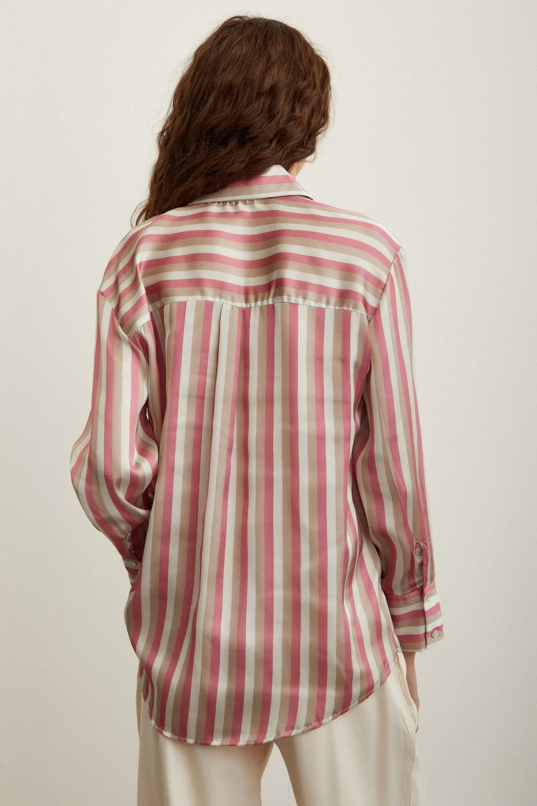 Çizgili Saten Gömlek Pembe