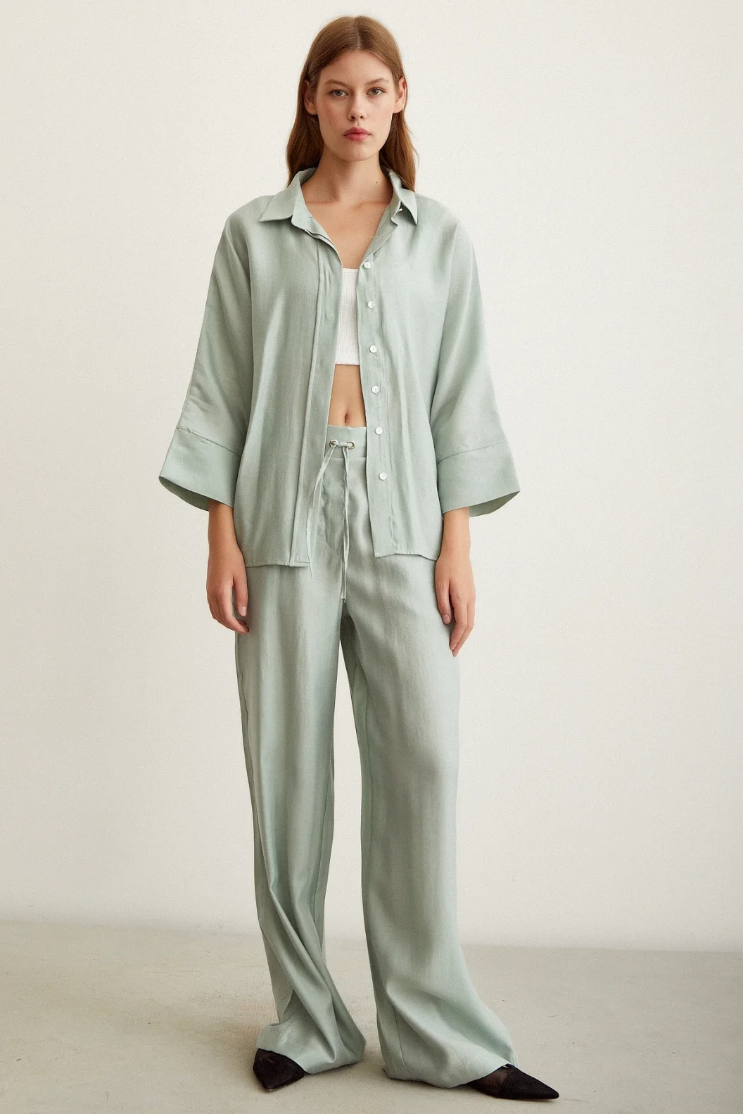 Bat Sleeve Linen Shirt Mint