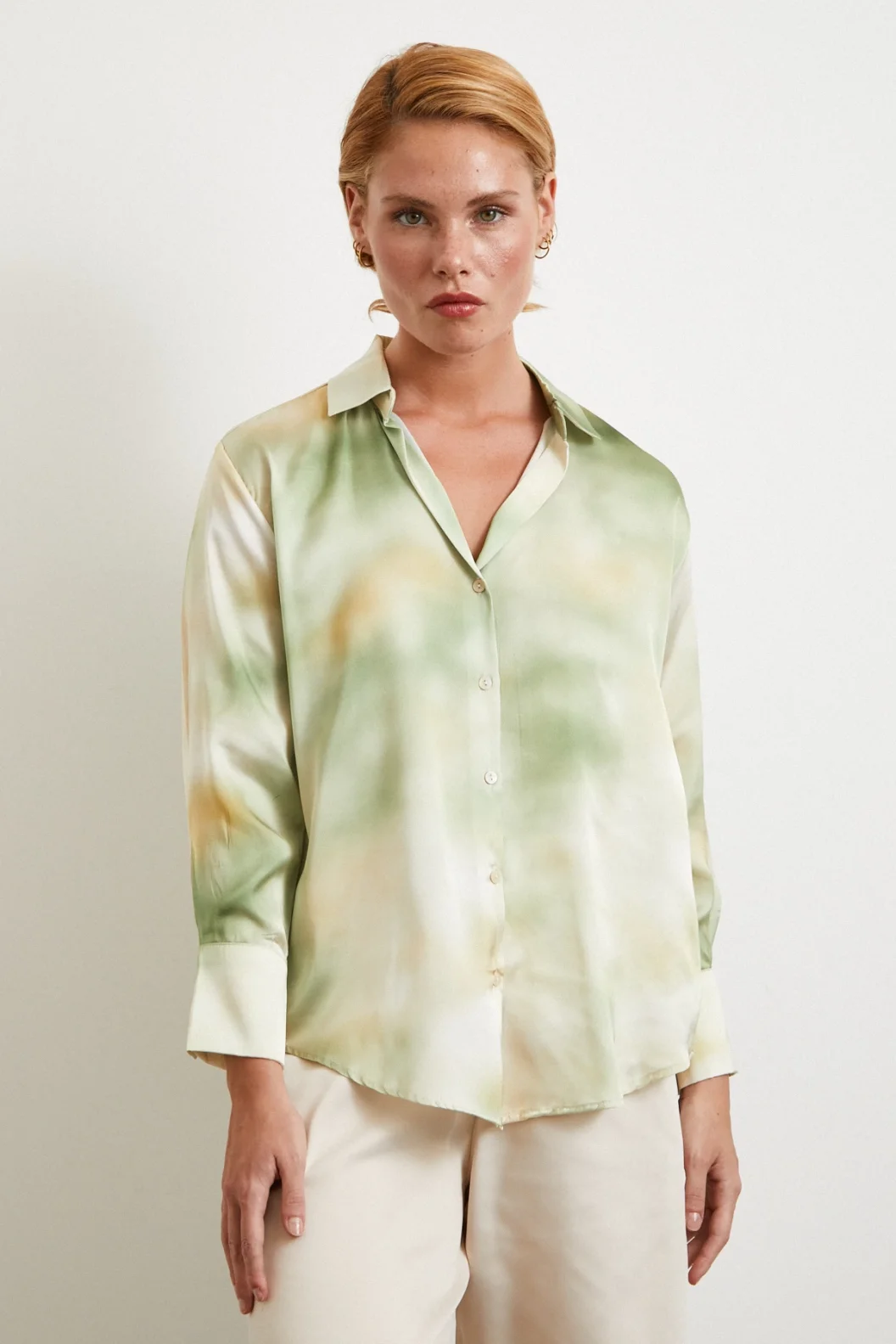 Ebruli Desen Saten GömleK Yeşil