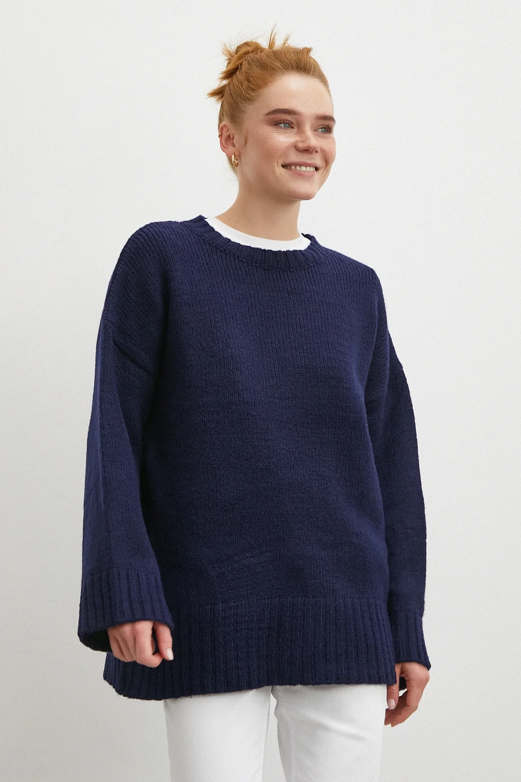 Bisiklet Yaka Fitilli Triko Kazak Lacivert