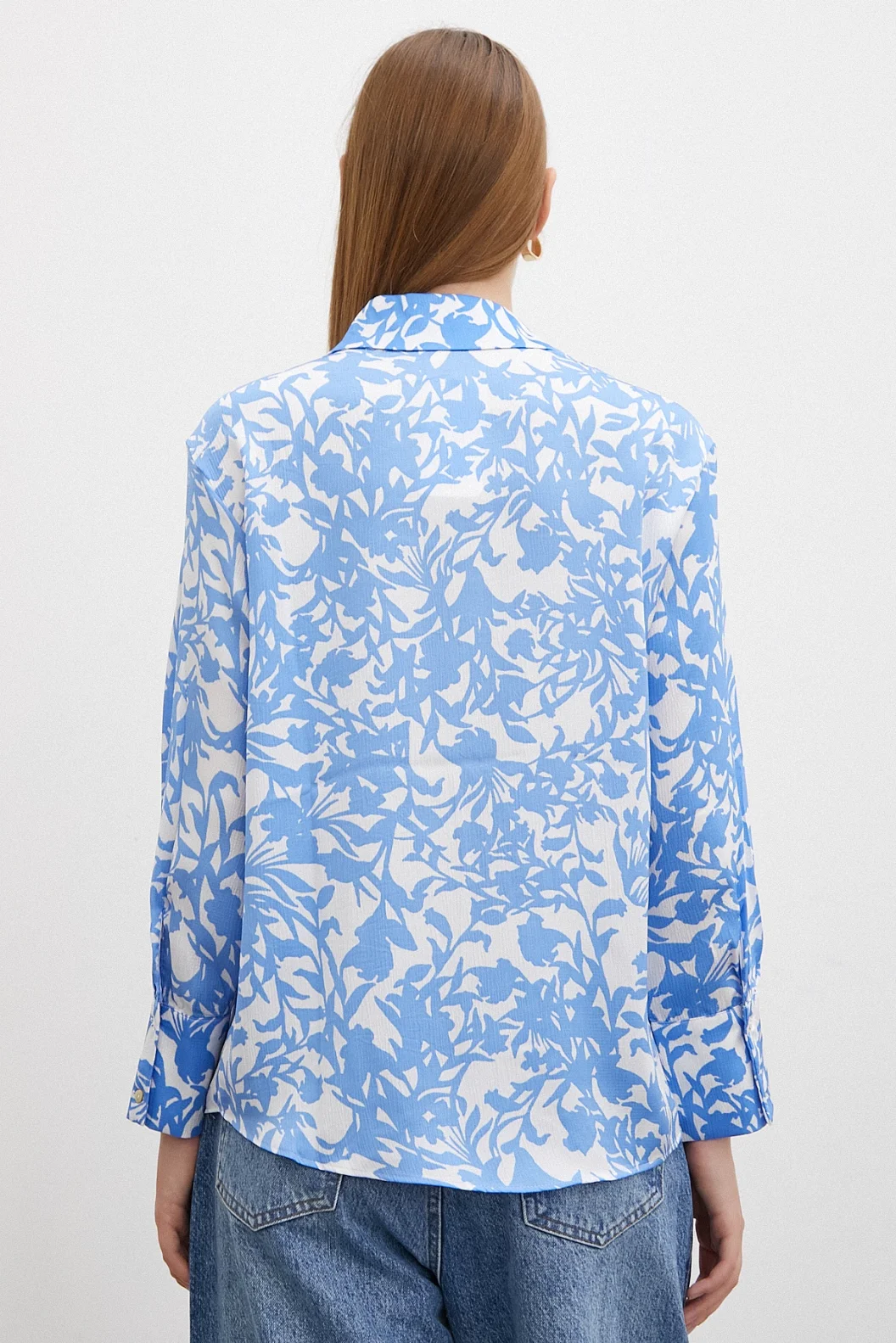 Patterned Waffle Satin Shirt Light Blue