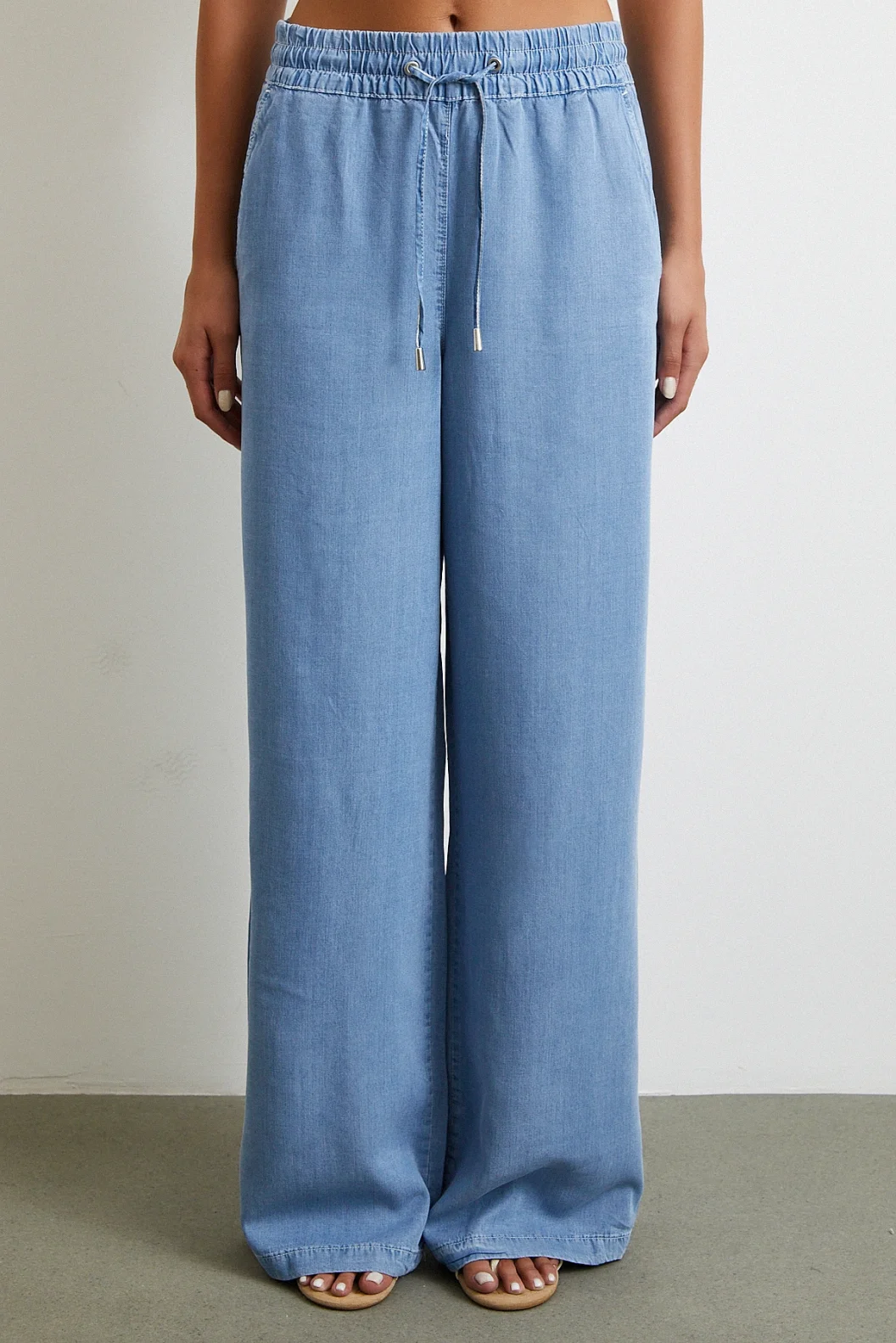 Beli Lastikli Bağcıklı Geniş Paça Pantolon Mavi