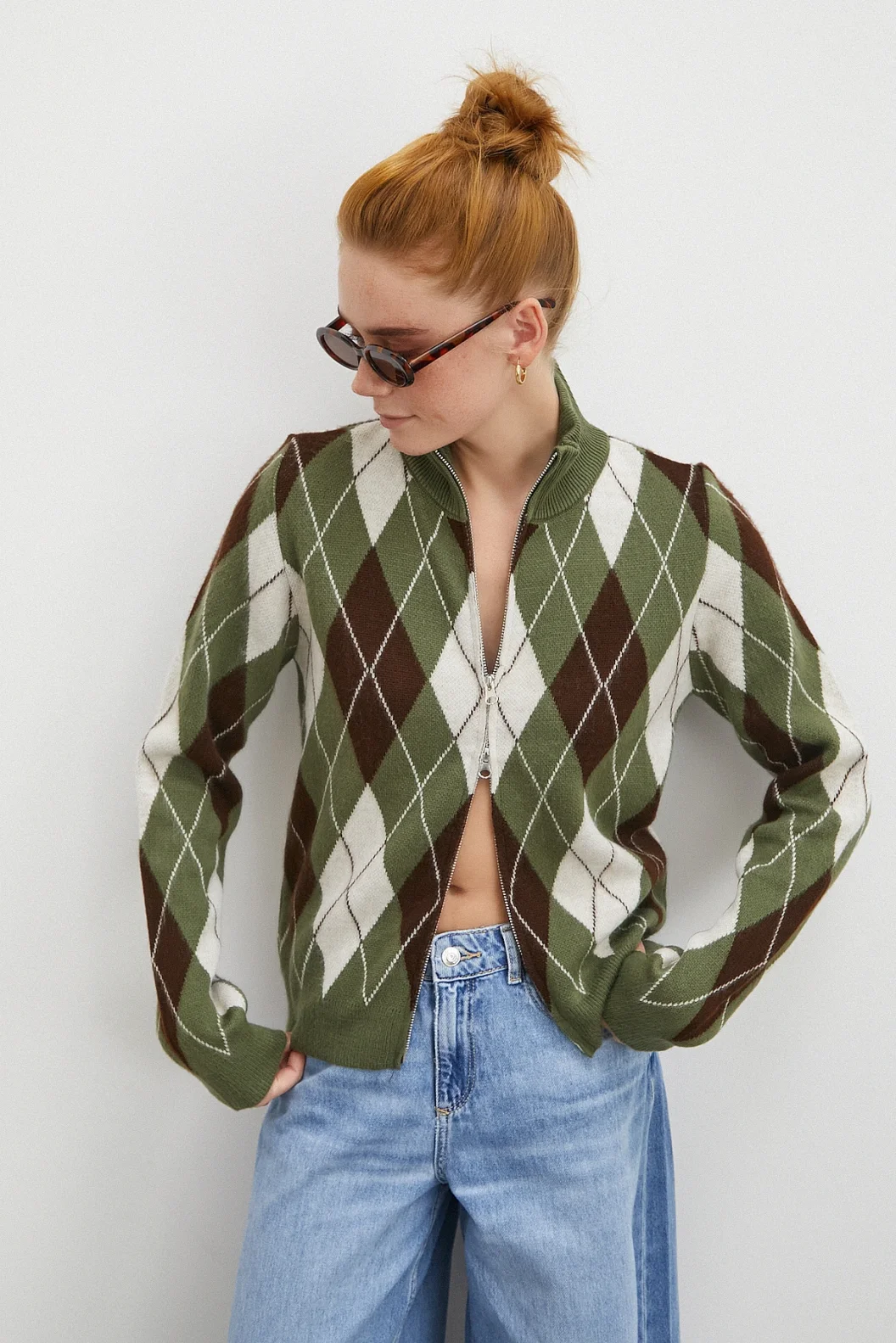 Fermuarlı Baklava Desen Kazak Yeşil