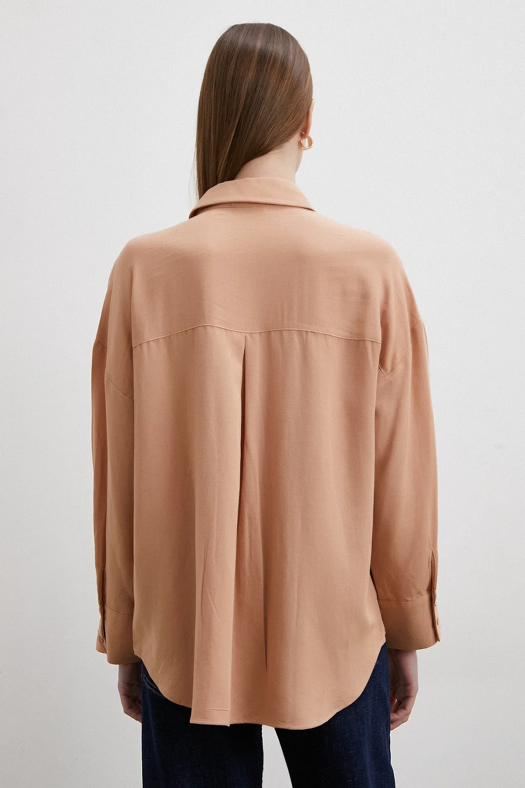 Keten Görünümlüı Linen Prunes Gömlek Pudra