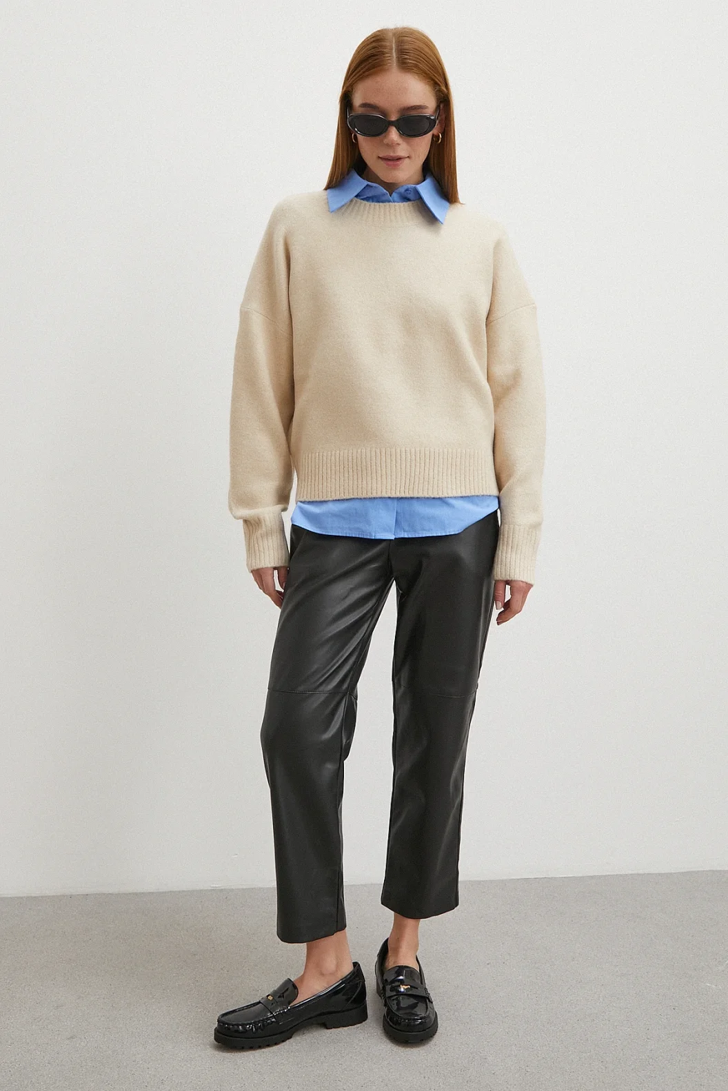 Kemerli Lastikli Deri Pantolon Siyah