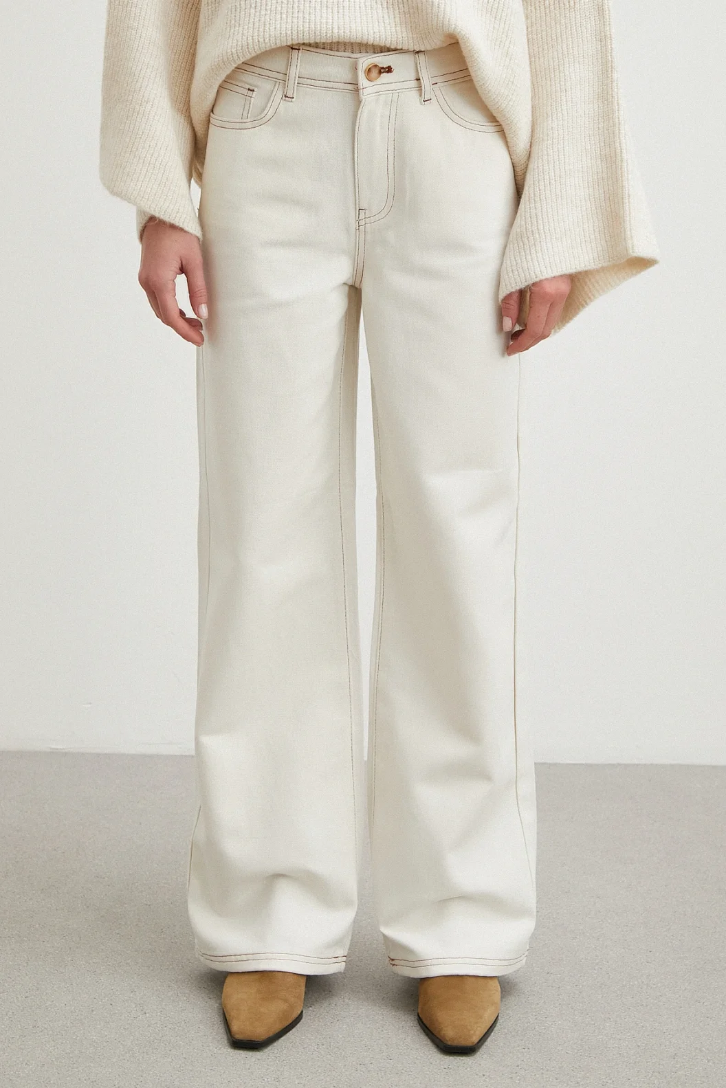 Yüksek Bel Baggy Jean Kırık Beyaz