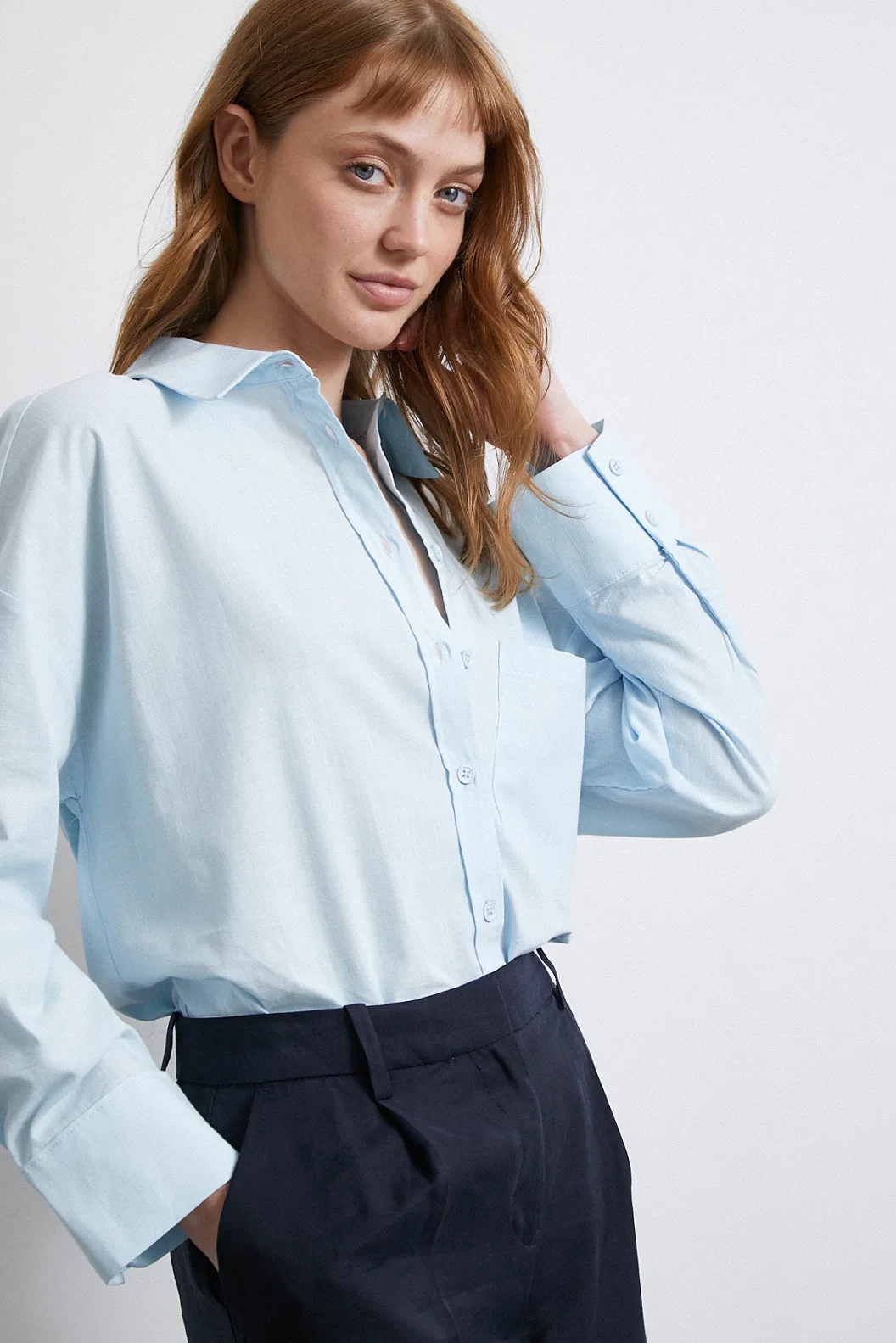 Pamuklu Oversize Gömlek Mavi
