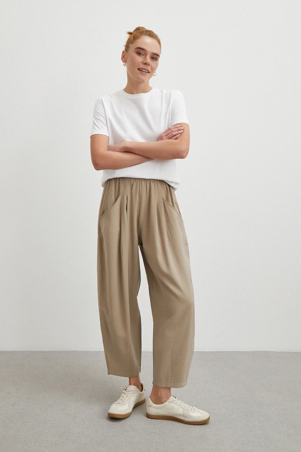 Bağcıklı Beli Lastikli Pileli Pantolon Taş