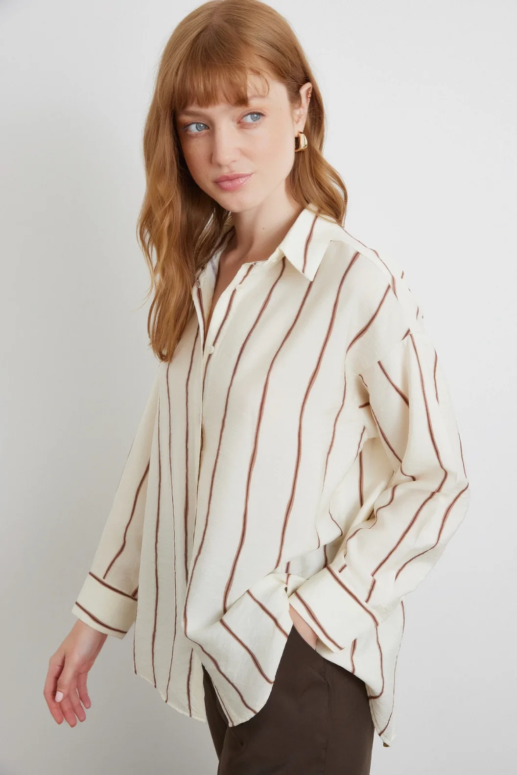 Çizgili Modal Gömlek Kahve