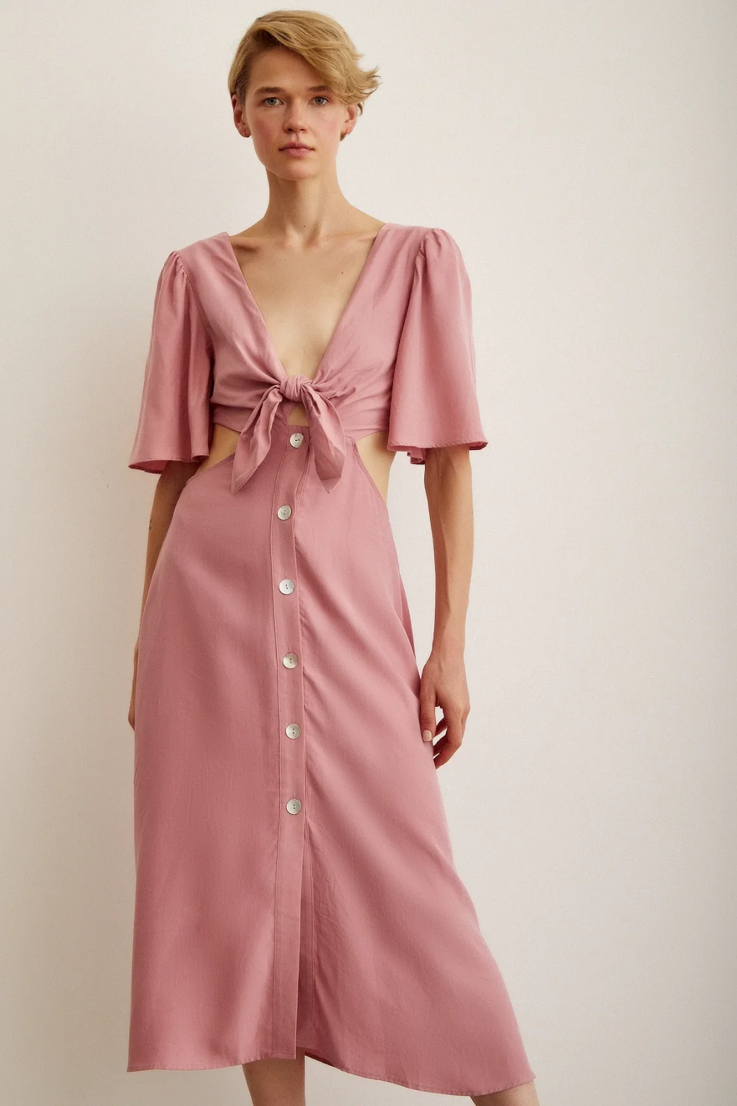 Önü Bağlamalı Balon Omuz Elbise Gül Kurusu