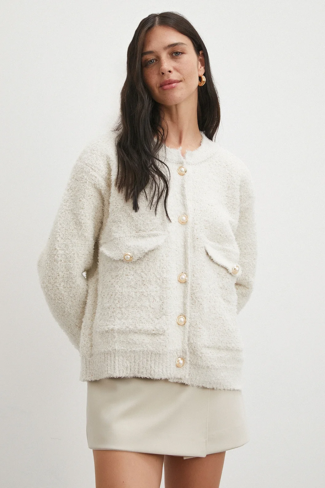 Cepli Düğmeli Simli Hırka Ekru