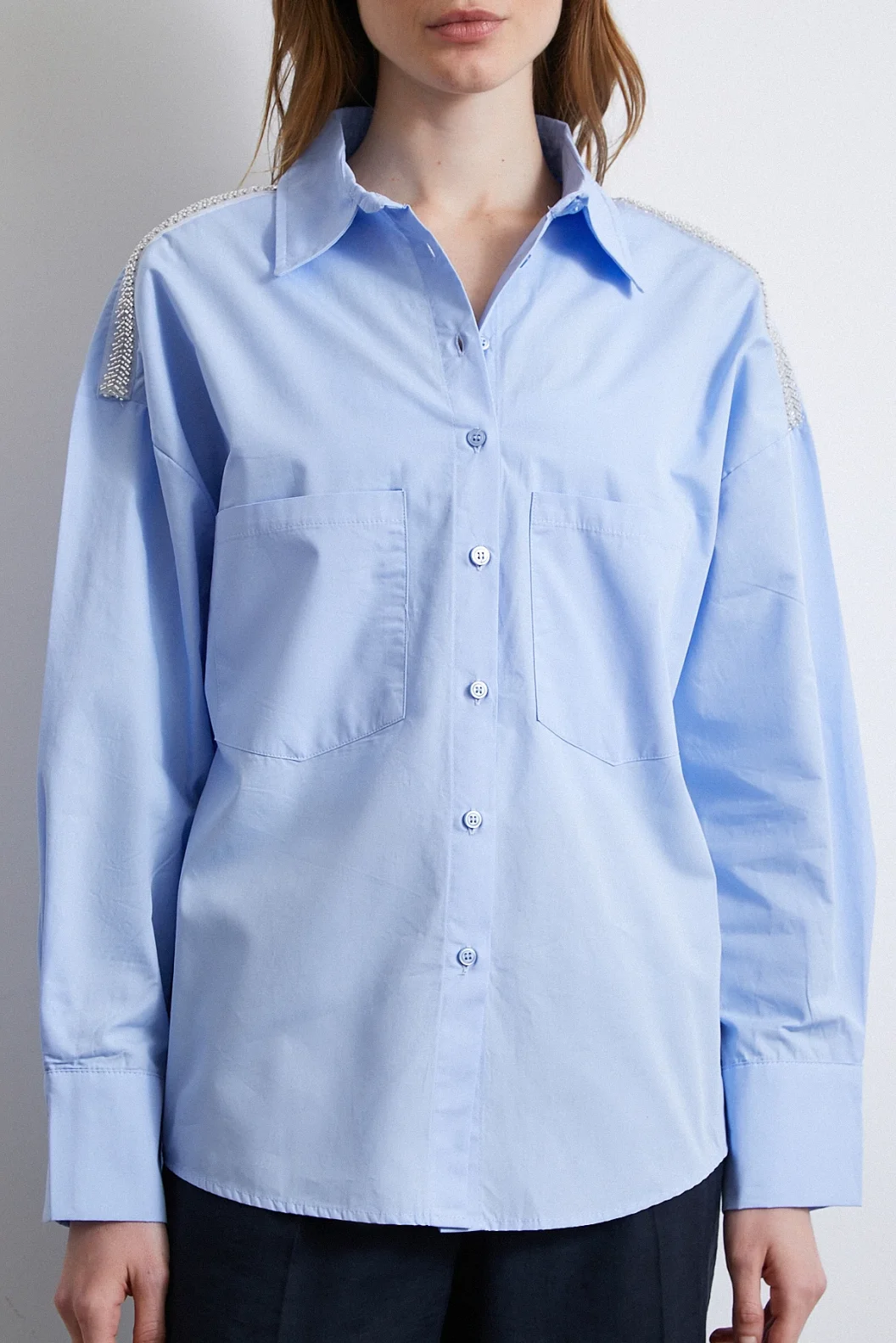 Shoulder Beaded Detail Oversized Shirt Blue