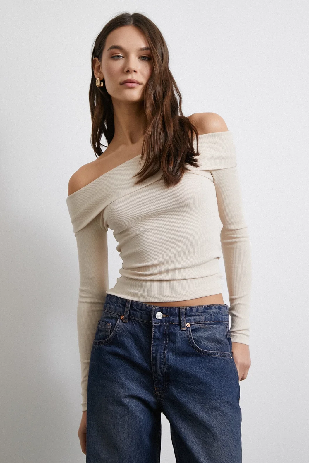 Schulterfreie Korsettbluse Beige