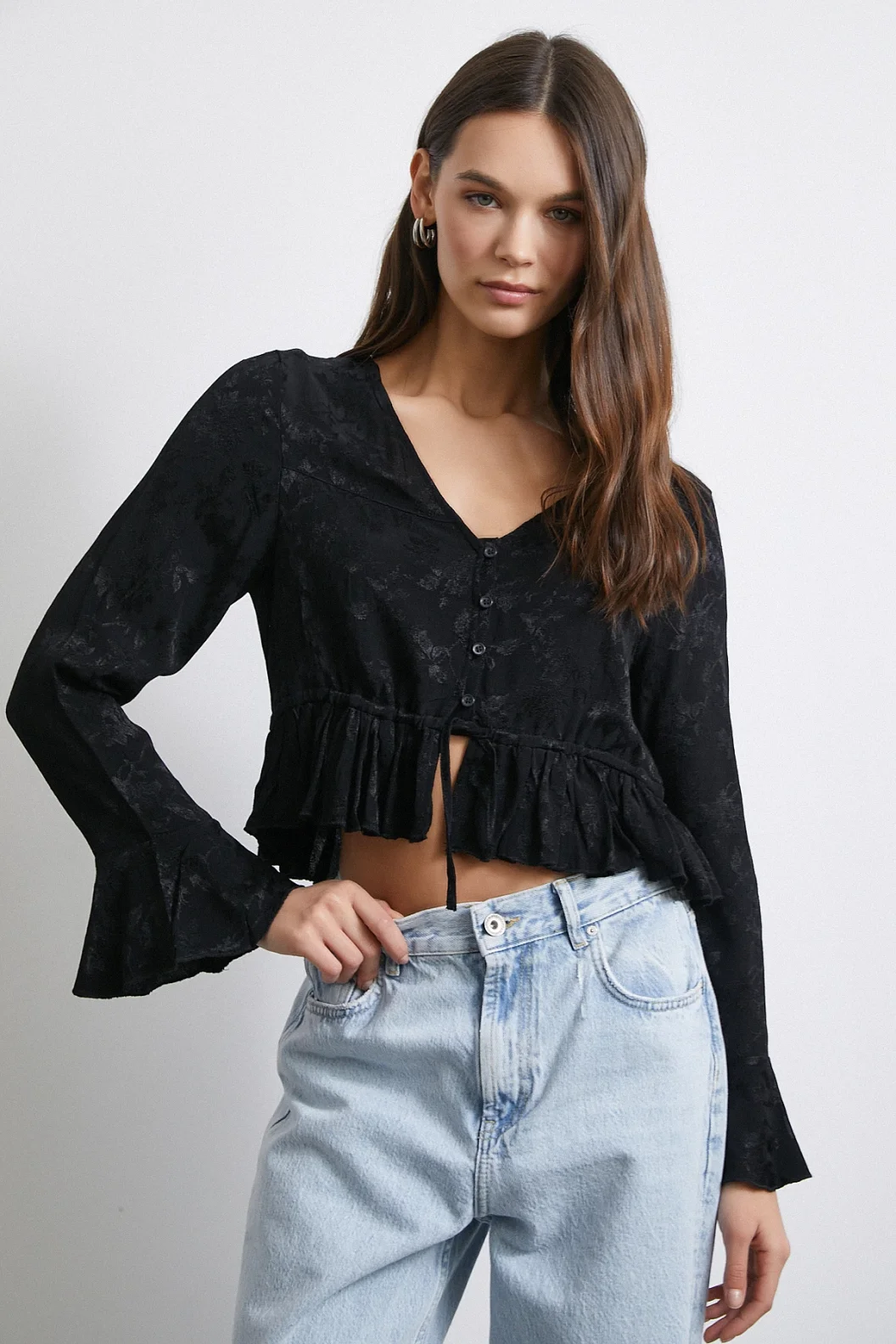 V-Neck Frilly Black Blouse