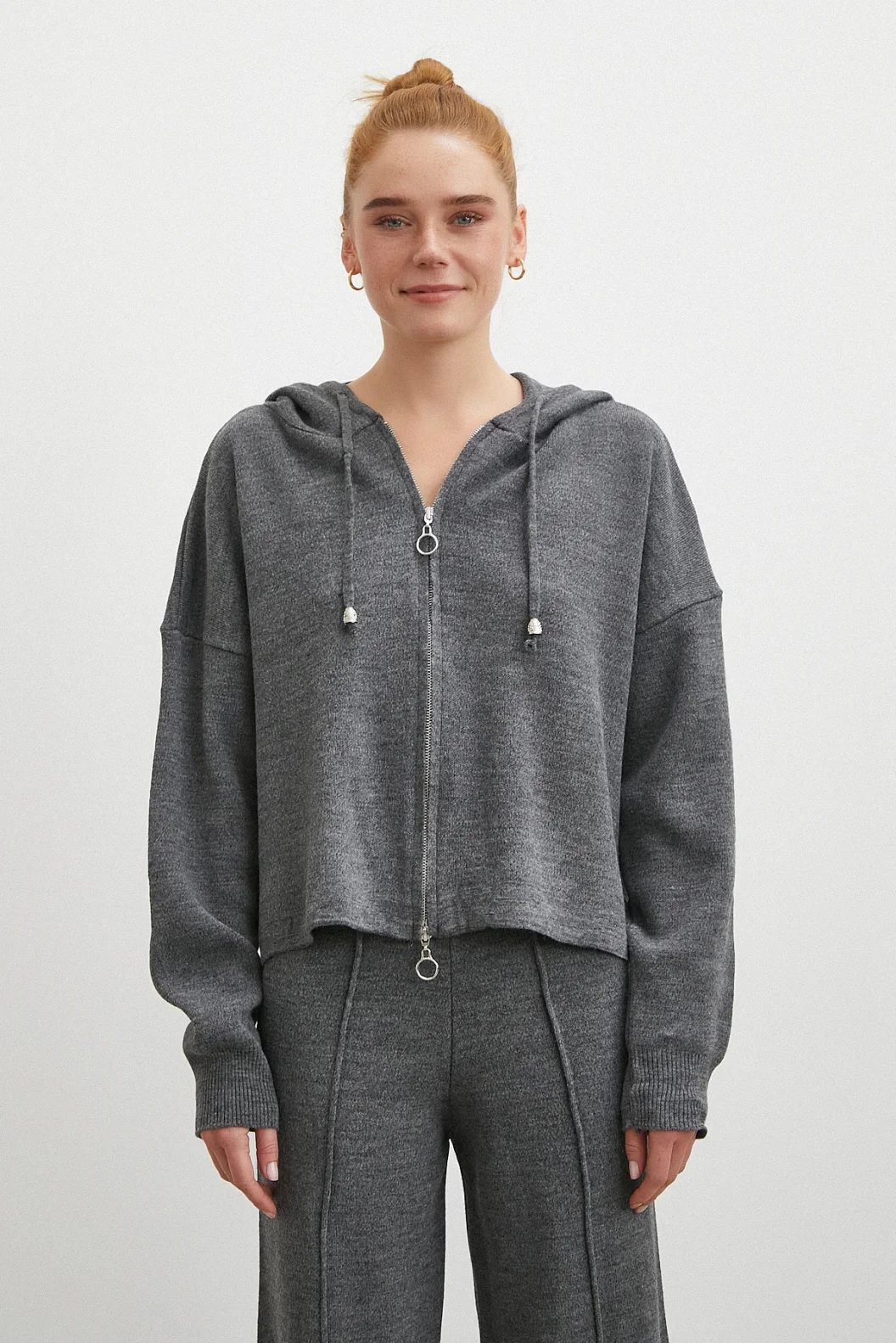 Çift Fermuarlı Kapüşonlu Pantolonlu Takım Gri