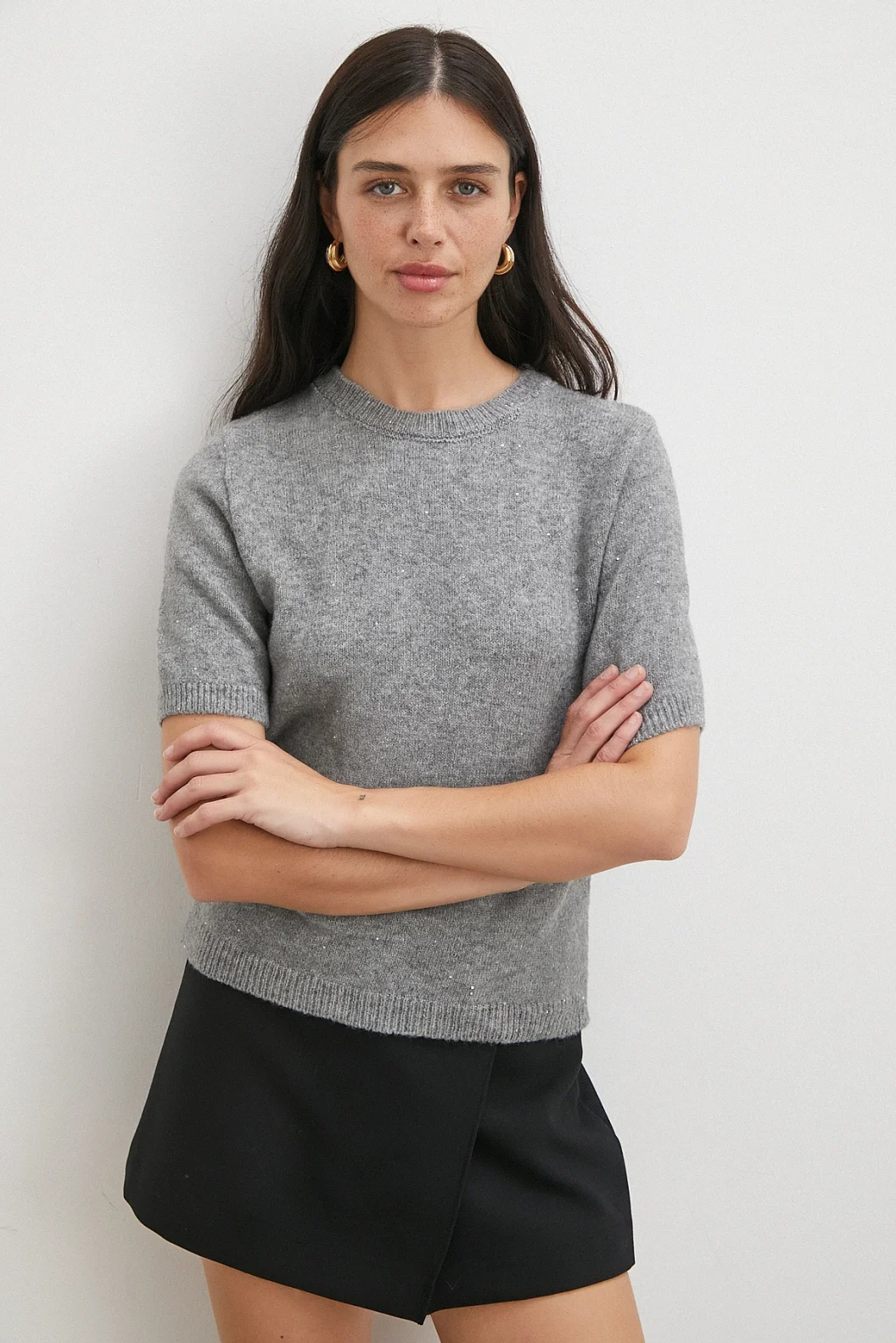 Simli Kısa Kol Kazak Gri