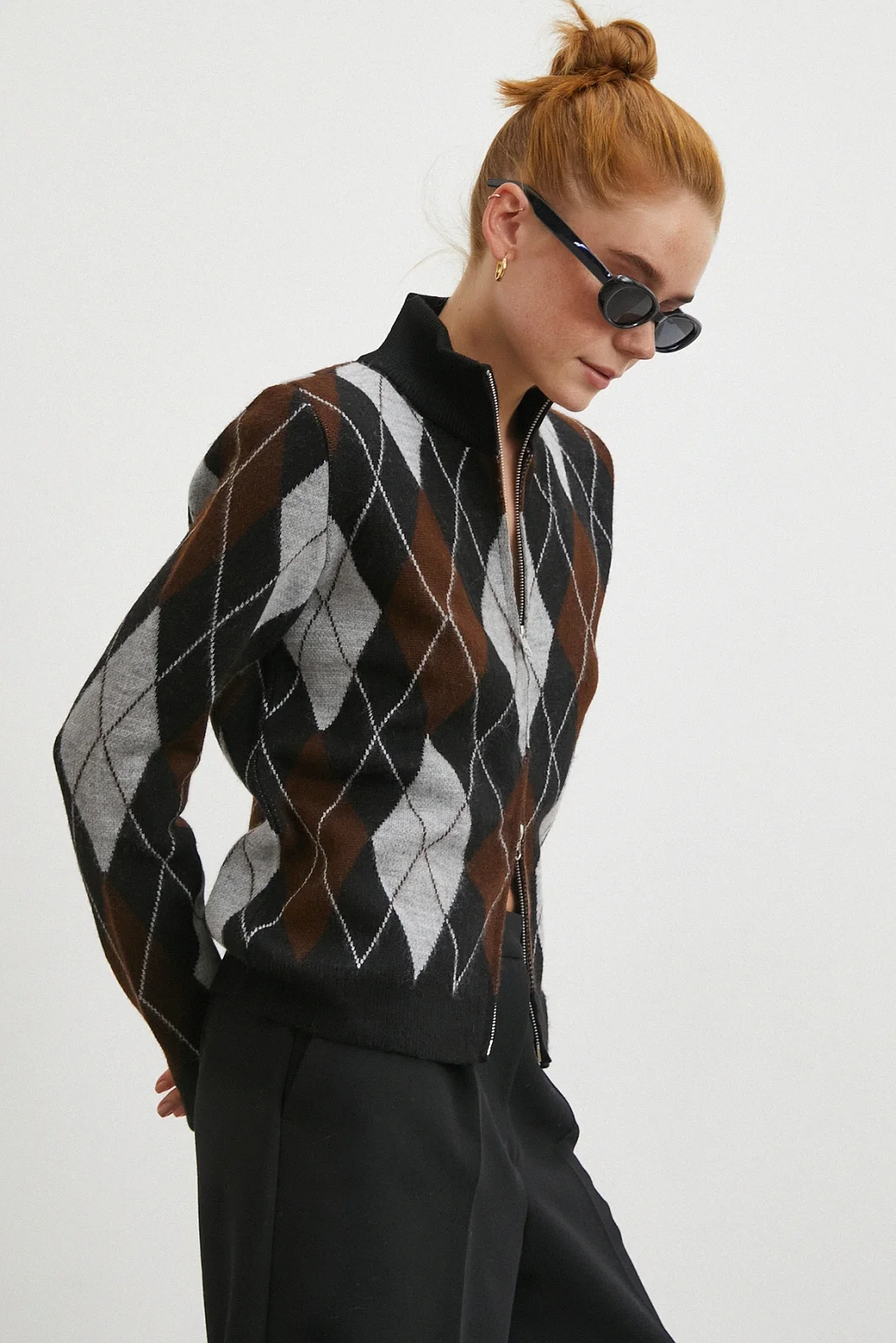 Fermuarlı Baklava Desen Kazak Siyah