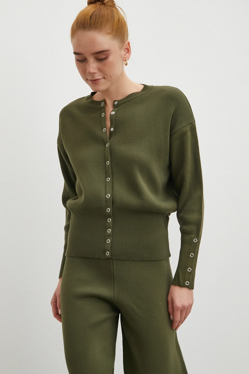 Çıtçıtlı Pantolonlu Triko Takım Haki