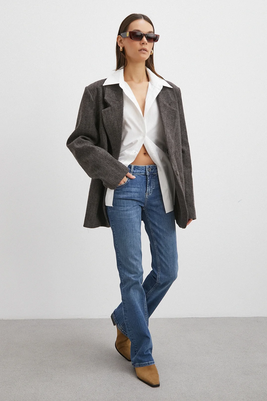 Orta  Bel Likralı İspanyol Paça Jean Mavi