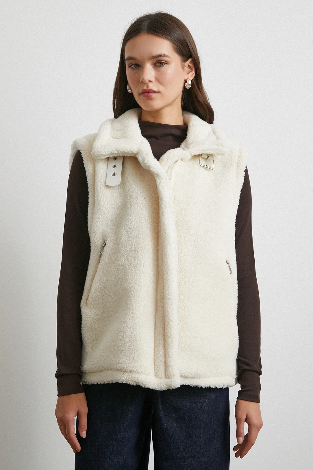 Yaka Detaylı Yumoş Yelek Ekru