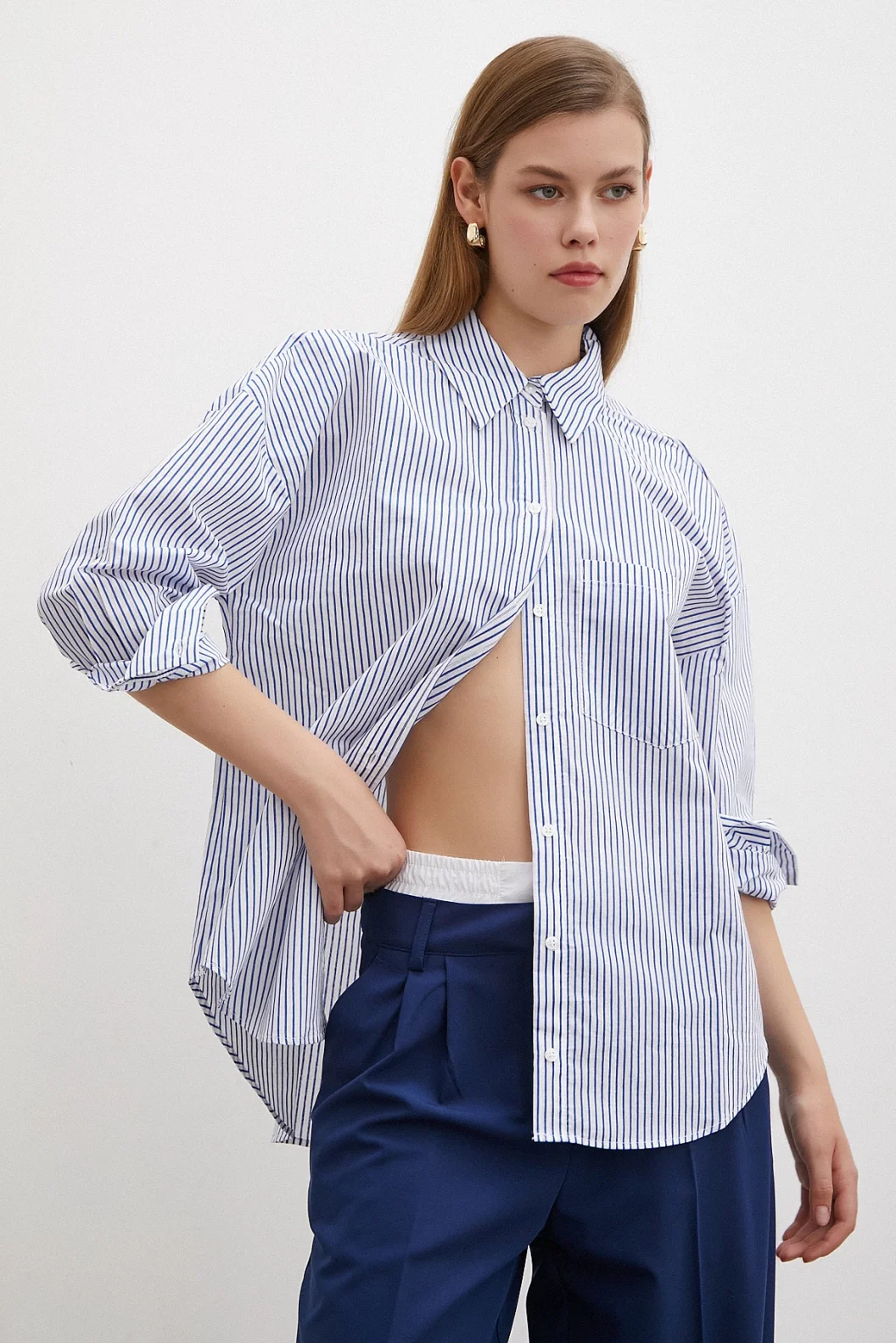 Fine Striped Poplin Shirt Blue