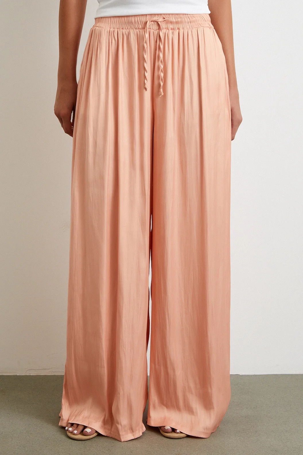 Elasticated Waist Wide Legged Pants with Ruffled Hem Powder