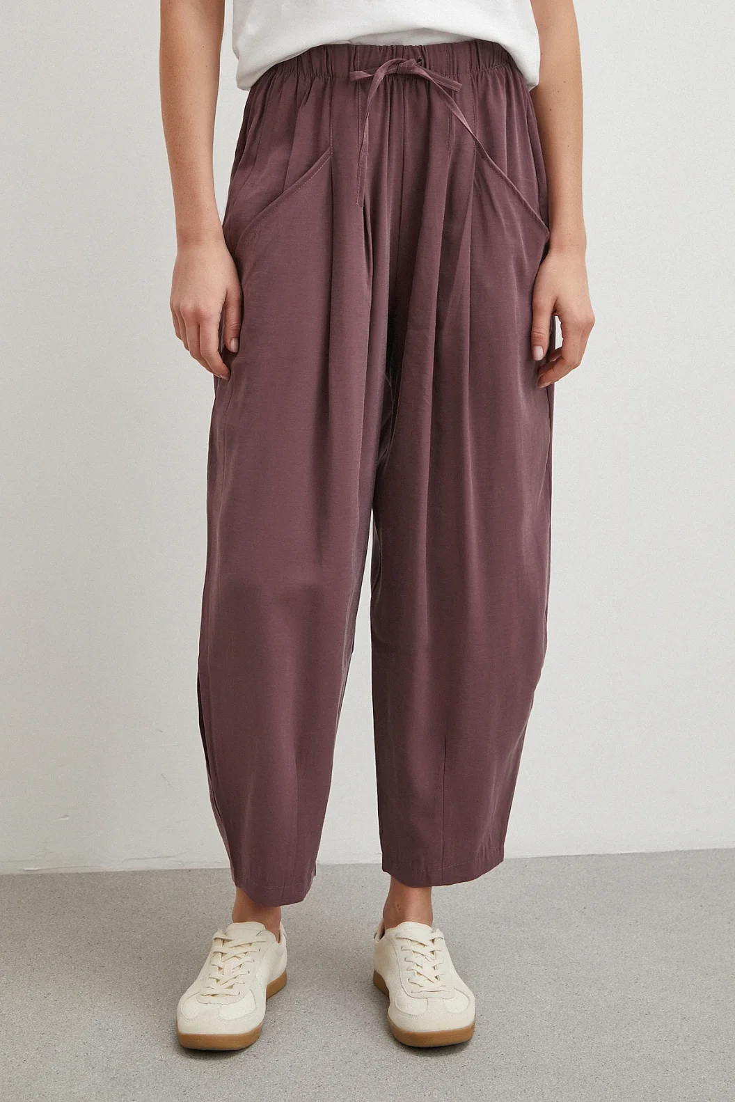 Bağcıklı Beli Lastikli Pileli Pantolon Mürdüm