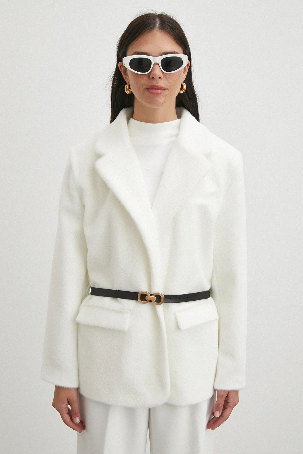 Kemerli Tay Flock Ceket Beyaz