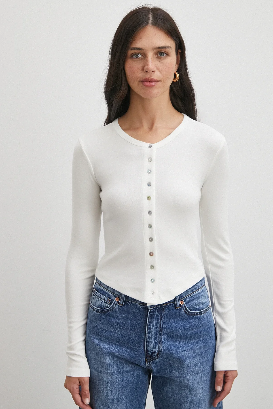 Düğmeli Uzun Kol Bluz Beyaz