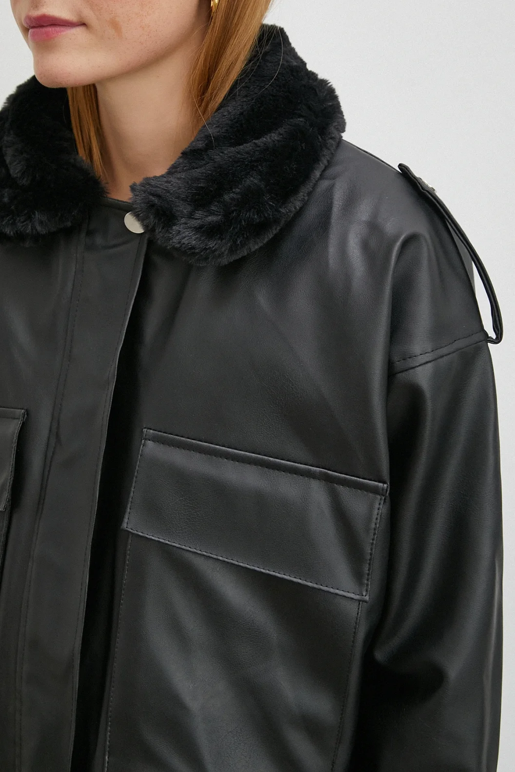 Kürk Detaylı Cepli Deri Mont Siyah