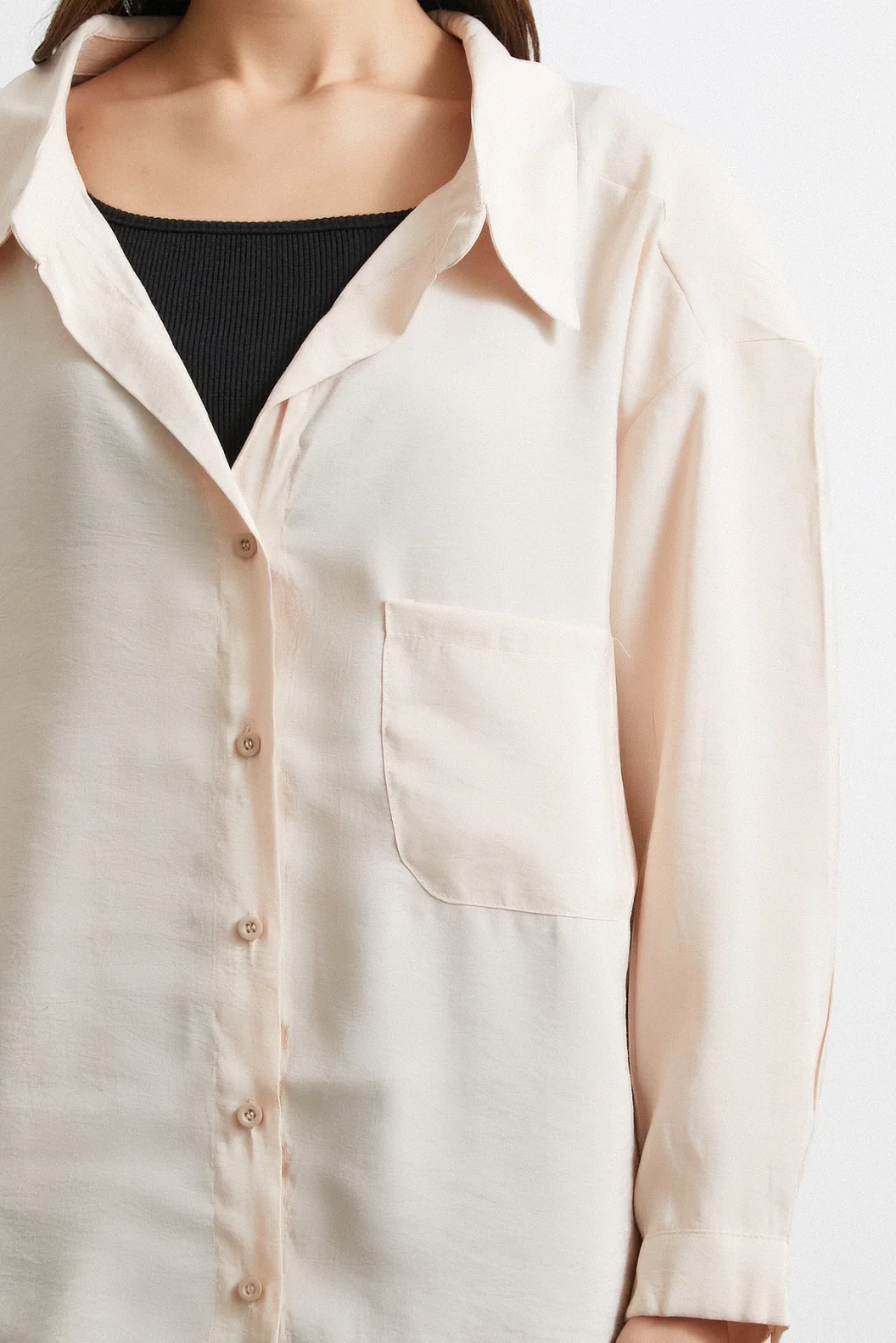 Oversize Cepli Modal Gömlek Bej