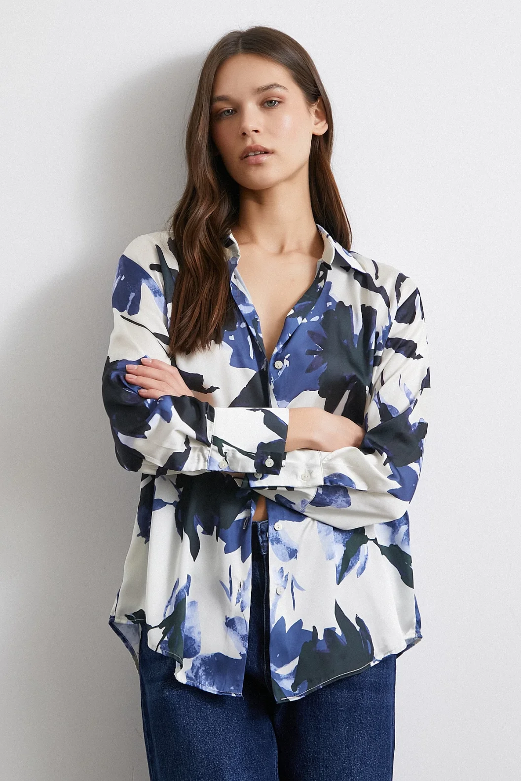 Saten Yüzeyli Desenli Gömlek Lacivert