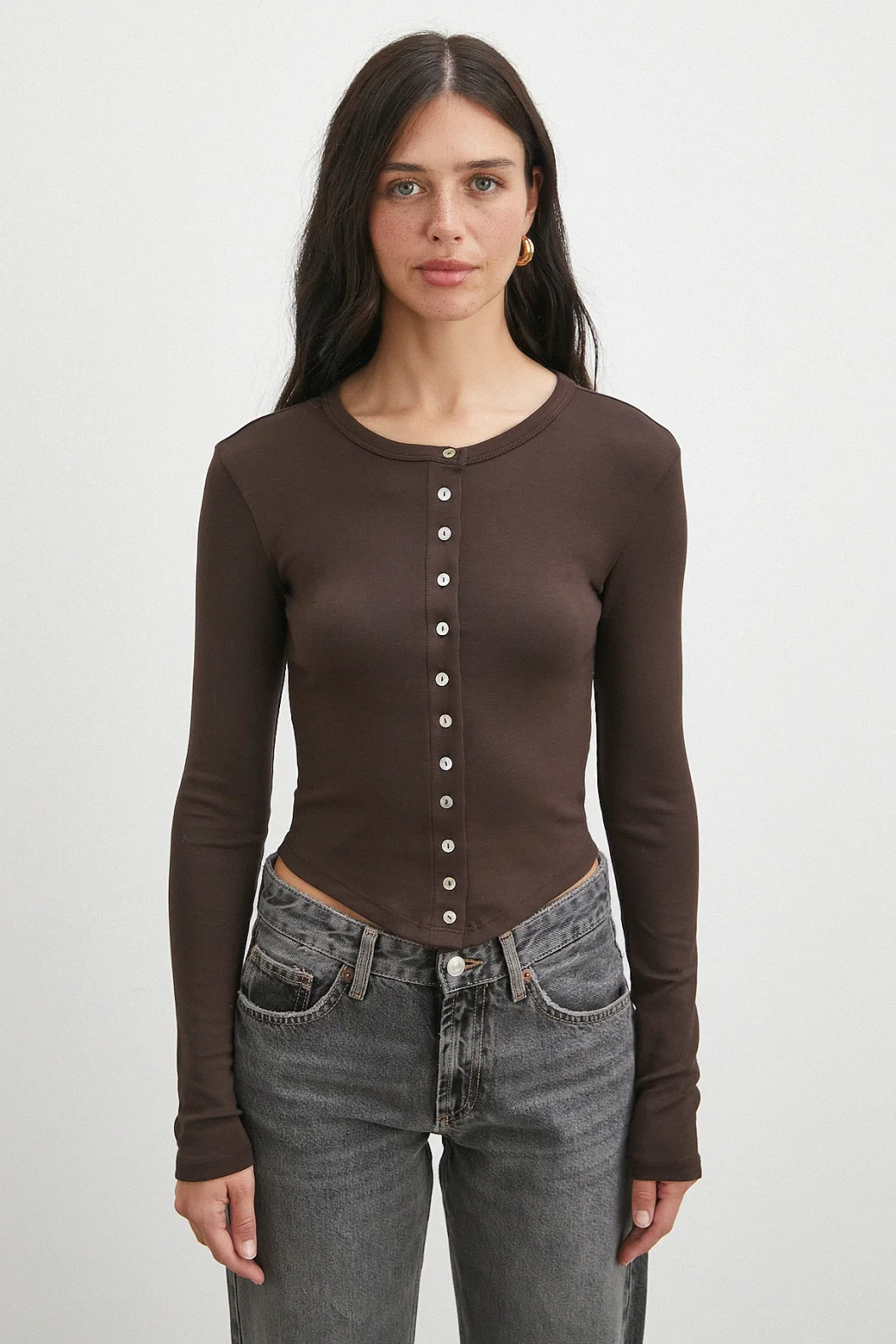 Düğmeli Uzun Kol Bluz Kahve