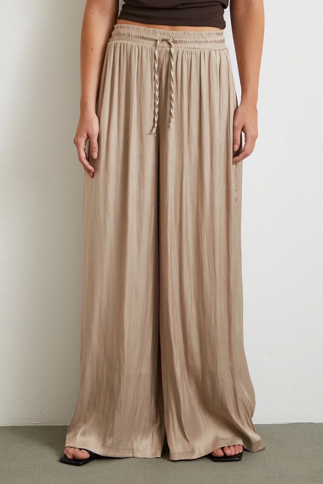 Elastic Waist Wide Legged Ruched Pants Beige