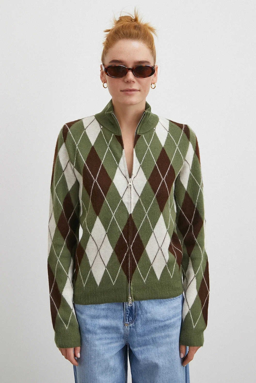 Fermuarlı Baklava Desen Kazak Yeşil