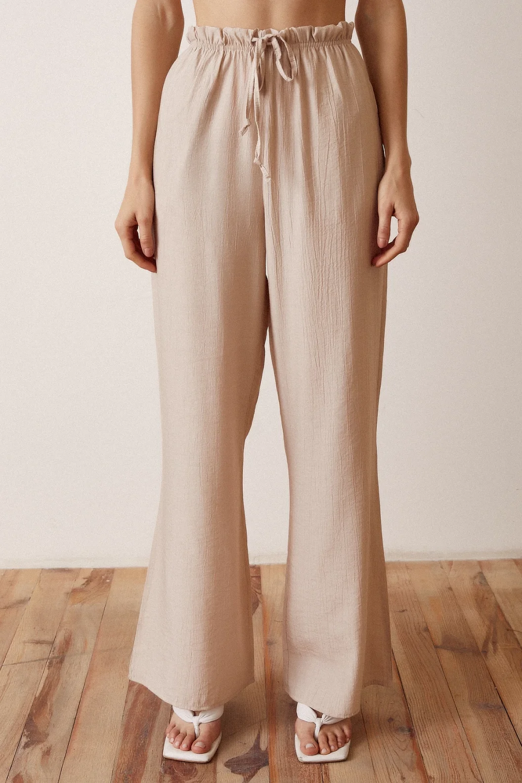 Elastic Waist Flared High Waist Pants Beige