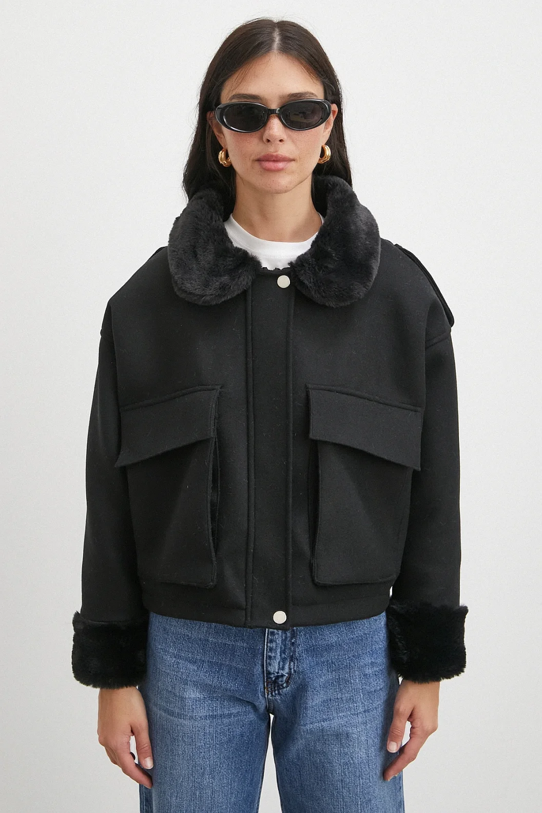 Apoletli Yünlü Körük Cepli Kaşe Mont Siyah